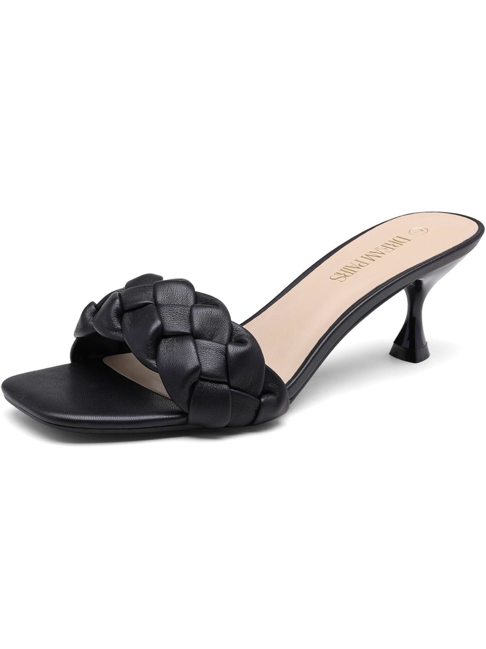 Braided Slide Mule with Kitten Heel - Black